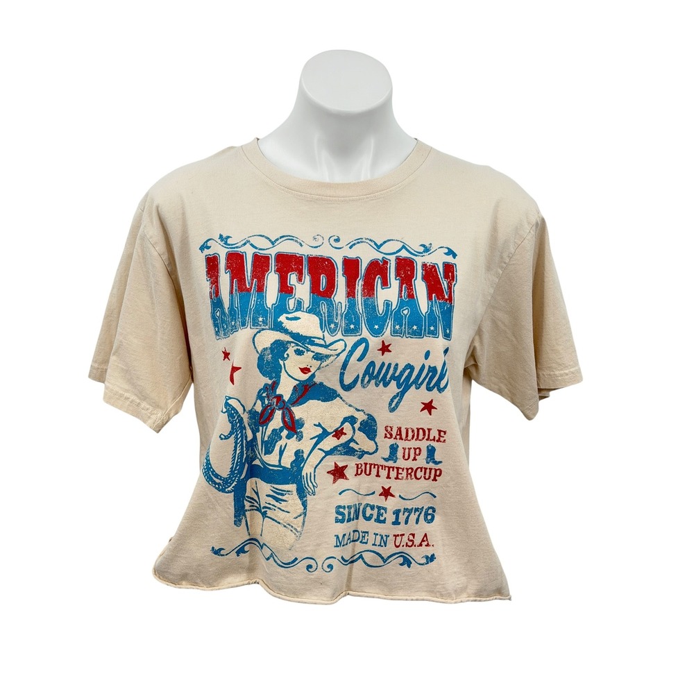 Zutter Graphic Tee Womens SZ L Cream Western American Cowgirl Rolled Hem Cotton